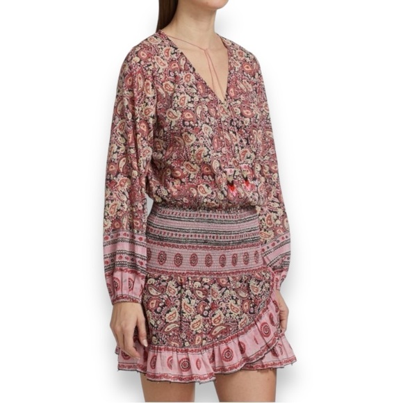 Bell by Alicia Bell Evelyn Smocked Silk Blend Voile Pink Paisley Mini Dress NWOT - Picture 2 of 8